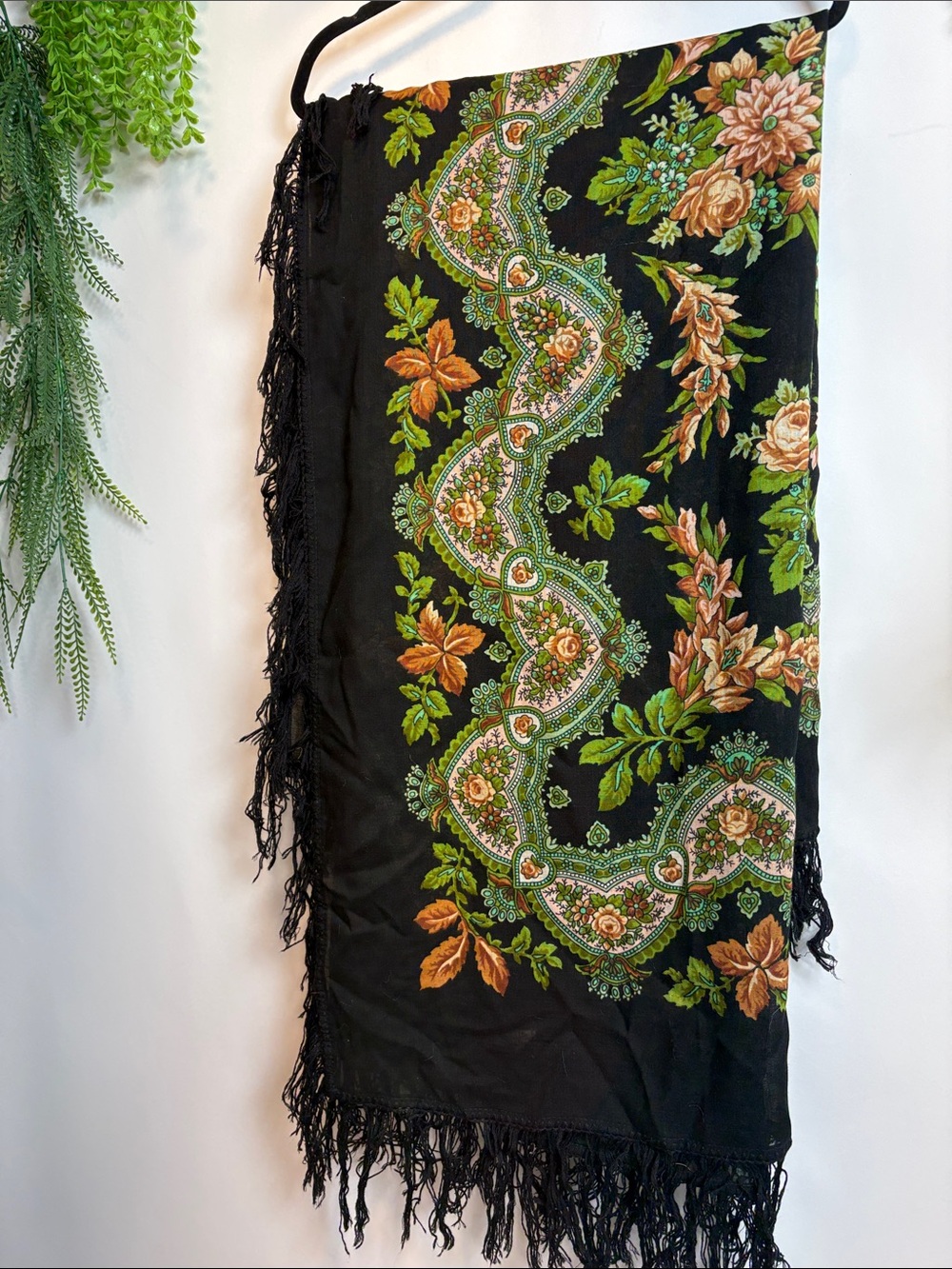 Black Floral Fringe Rectangular Scarf Shawl